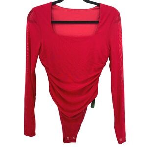 Red Ruched Mesh Sleeve Bodysuit Romantic Balletcore Square Neck NWT M Y2K Party